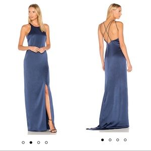 Halston Heritage Navy High Neck Gown with Crisscross Straps on the Back (Size S)